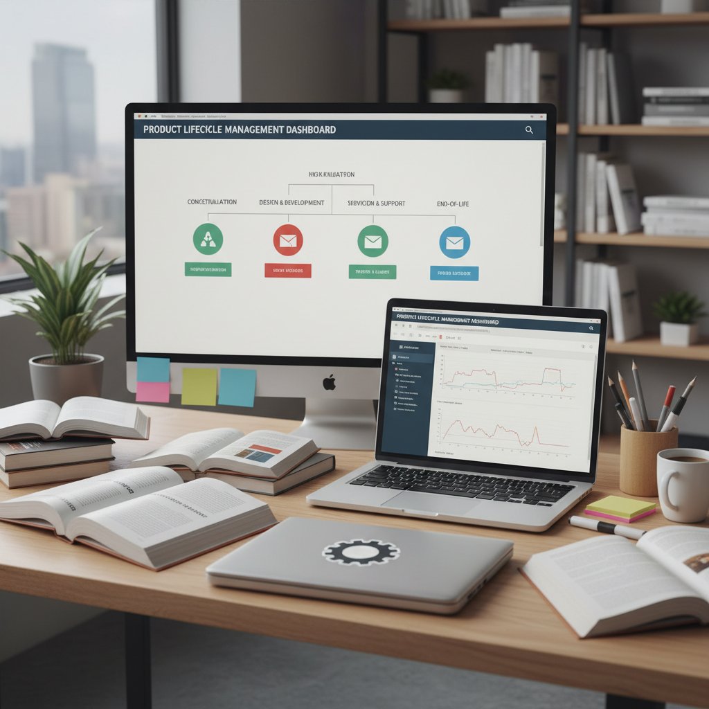 Książki, laptop i notatki na temat zarządzania cyklem życia produktu na biurku