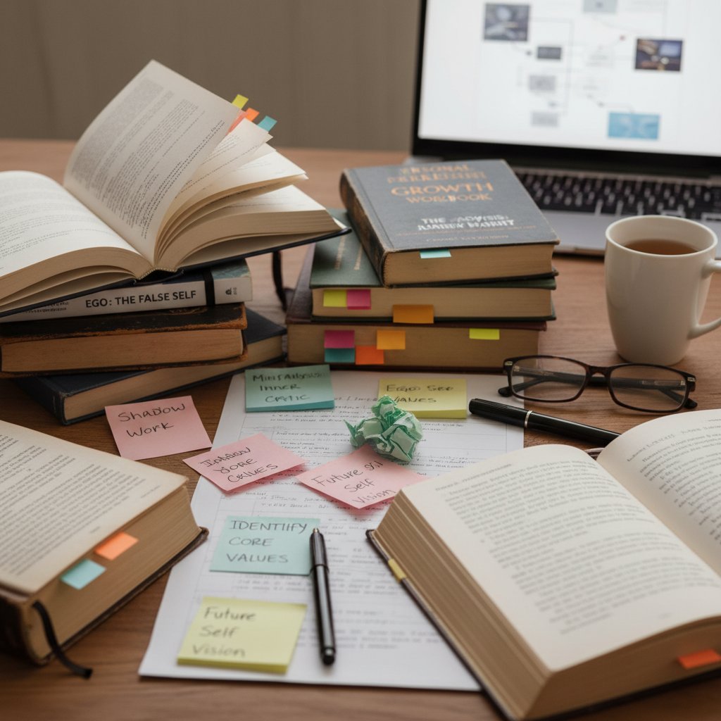 Zdjęcie książek i notatek do autoanalizy ego, rozwój osobisty