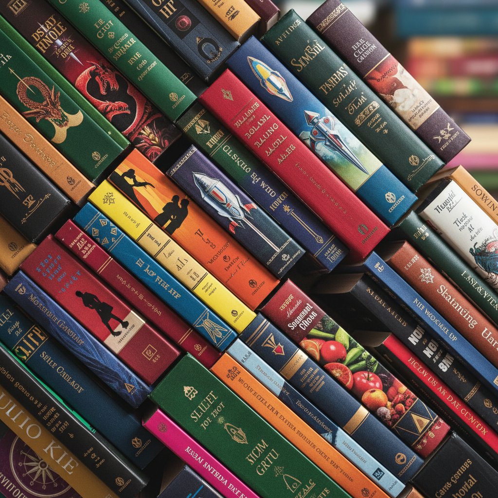 Stos książek z różnych gatunków, artystyczne, odważna kompozycja