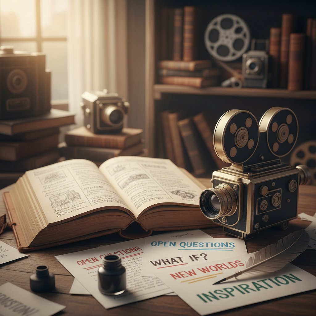 Stos książek i kamera filmowa, inspiracje z literatury i filmu do zadawania pytań otwartych