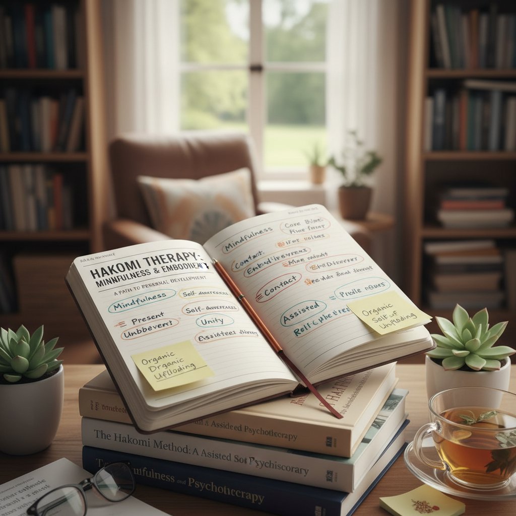 Książki i notatki na temat terapii hakomi, atmosfera edukacyjna, rozwój osobisty