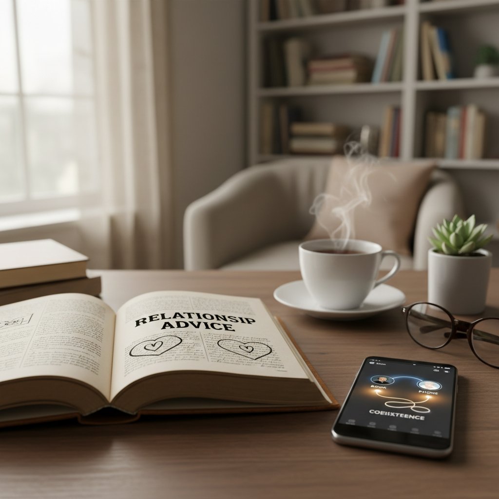 Books and a smartphone side by side on a desk, symbolizing the coexistence of old and new relationship advice mediums