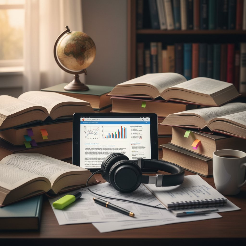 Still life of books, tablet, and headphones on a research desk, symbolizing further reading on academic research access