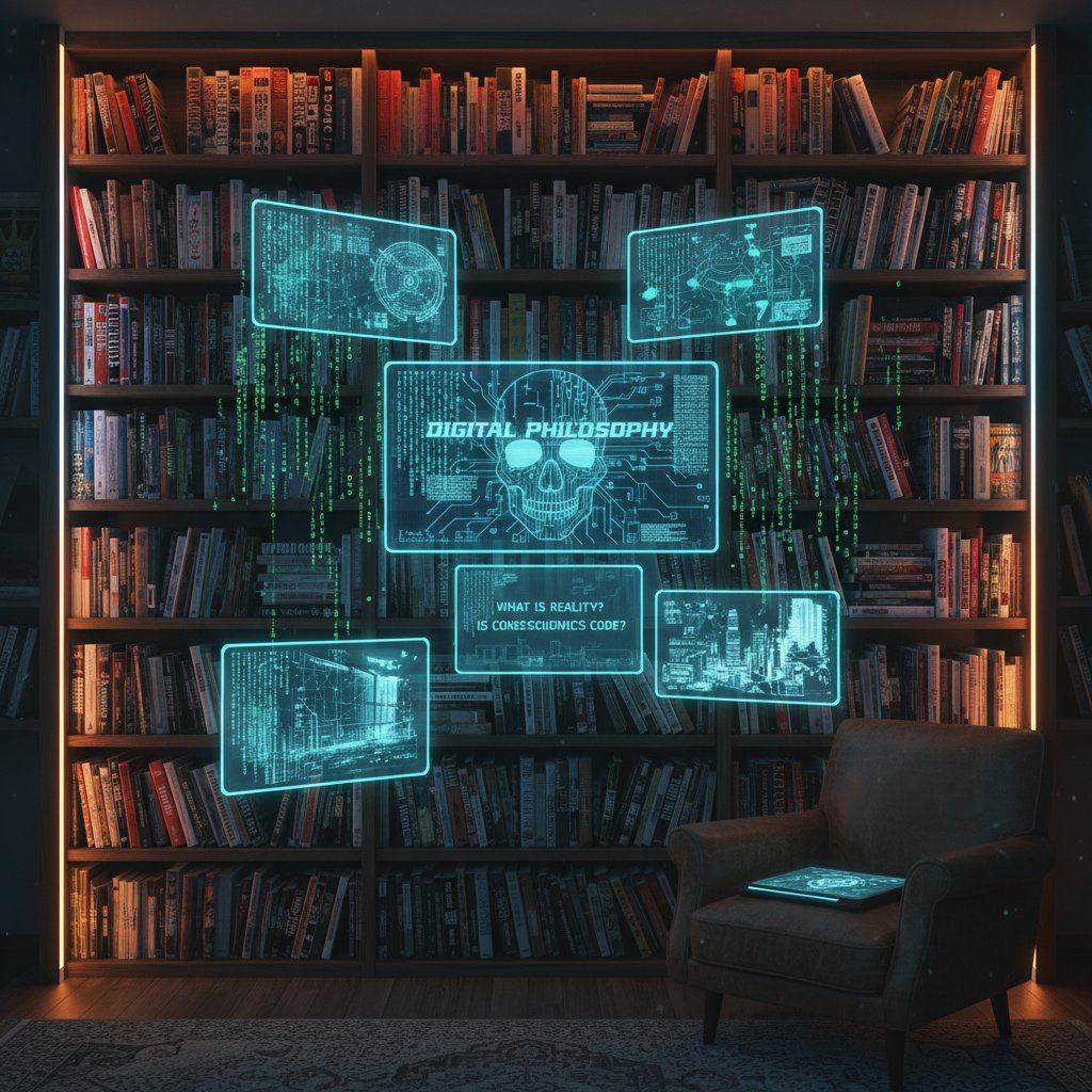 Zdjęcie półki z książkami science fiction i ekranu z kadrem z „Blade Runner”, symbolizujące motywy filozofii cyfrowej