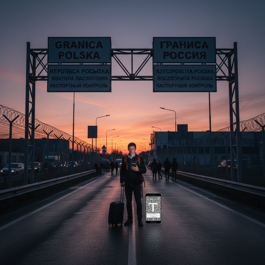 Zdezorientowany podróżny z telefonem i rosyjską aplikacją tłumaczeniową na granicy