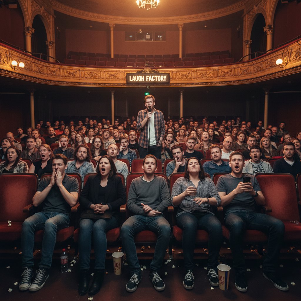 High-contrast photo of a bored audience in a theater, reflecting fatigue with formulaic comedies and movie stranger in strange comedy