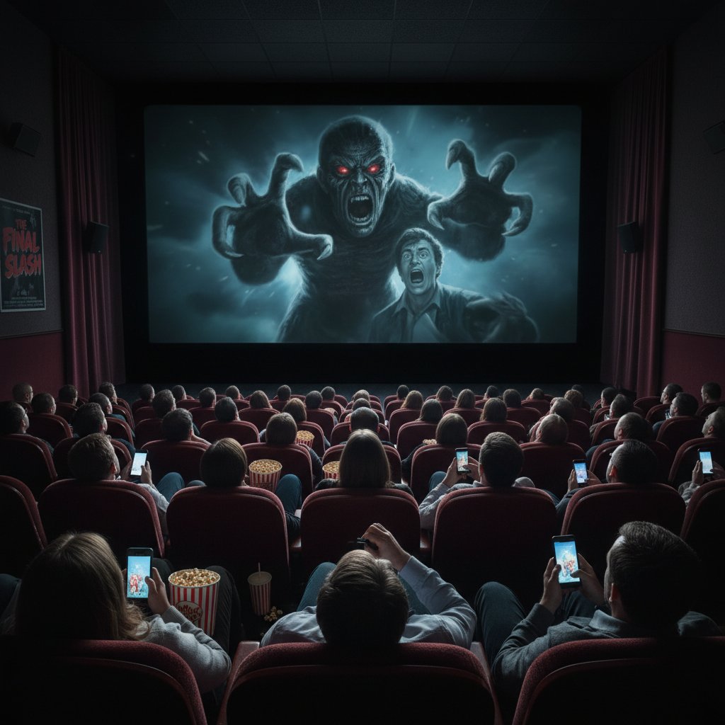 Disengaged audience before Ari Aster’s rise, bored moviegoers with empty popcorn buckets in a moody cinema