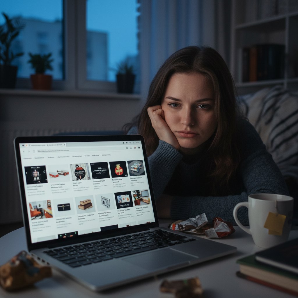 Znużony klient przeglądający nudne opisy produktów na laptopie, wieczorne światło, lekka frustracja