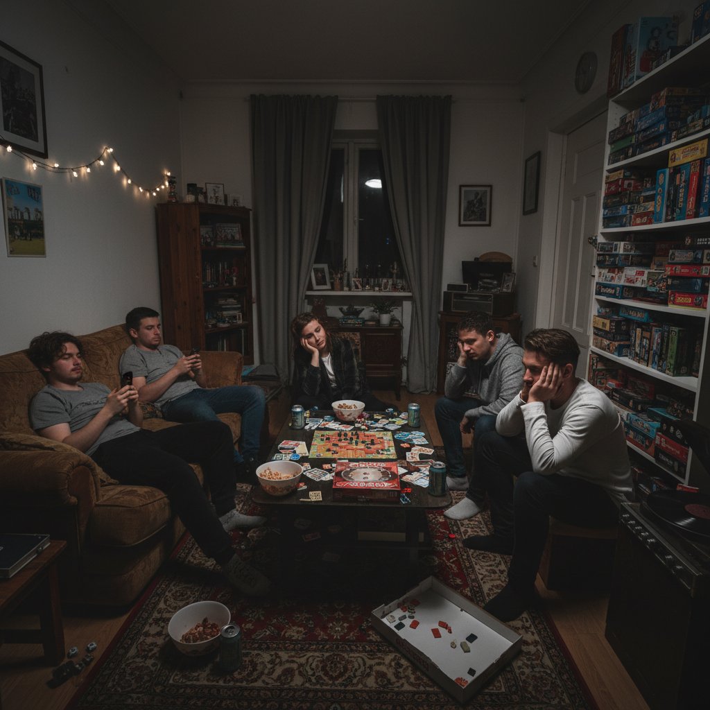 Grupa młodych ludzi zrezygnowana przy planszy, znudzona klasycznymi grami towarzyskimi podczas spotkania