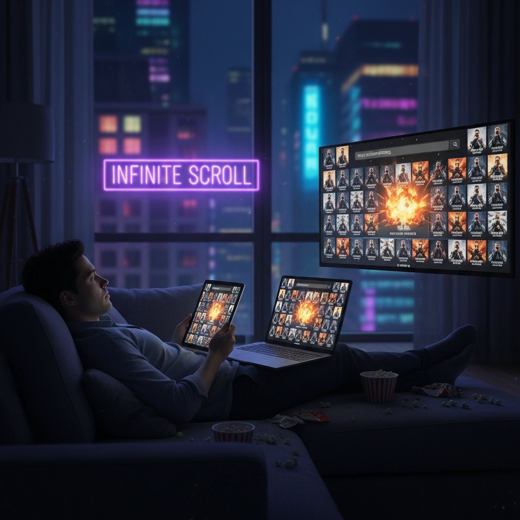 A bored person scrolling through identical movie thumbnails on multiple devices in a neon-lit urban apartment, reflecting the frustration of repetitive AI movie recommendations
