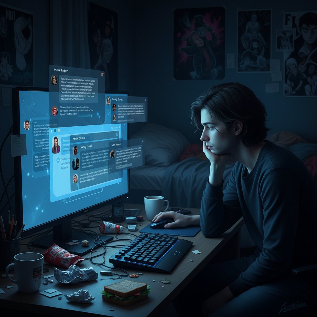 Osoba znudzona patrzy na ekran z kilkoma otwartymi czatami online, szukając ciekawych rozmów