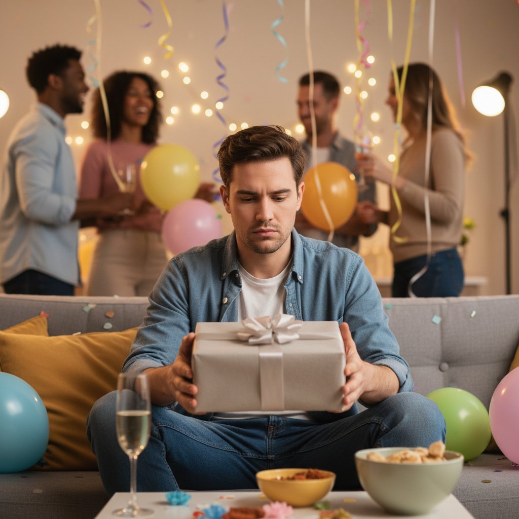 Osoba z niezadowoloną miną trzymająca typowy prezent, jak kubek lub kosmetyk, w otoczeniu innych podobnych upominków