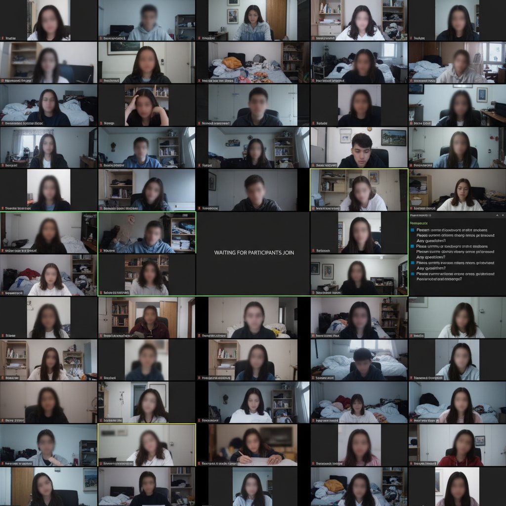 Grupa uczniów znudzona podczas burzy mózgów online, puste ekrany, brak zaangażowania