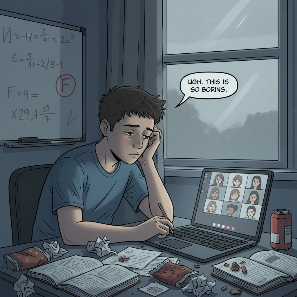 Znudzony nastolatek podczas nudnej lekcji online, typowa scena z polskiej rzeczywistości edukacyjnej