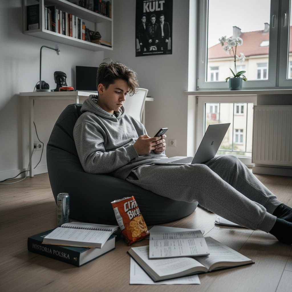 Znudzony uczeń podczas tradycyjnych korepetycji online z polskimi podręcznikami na biurku