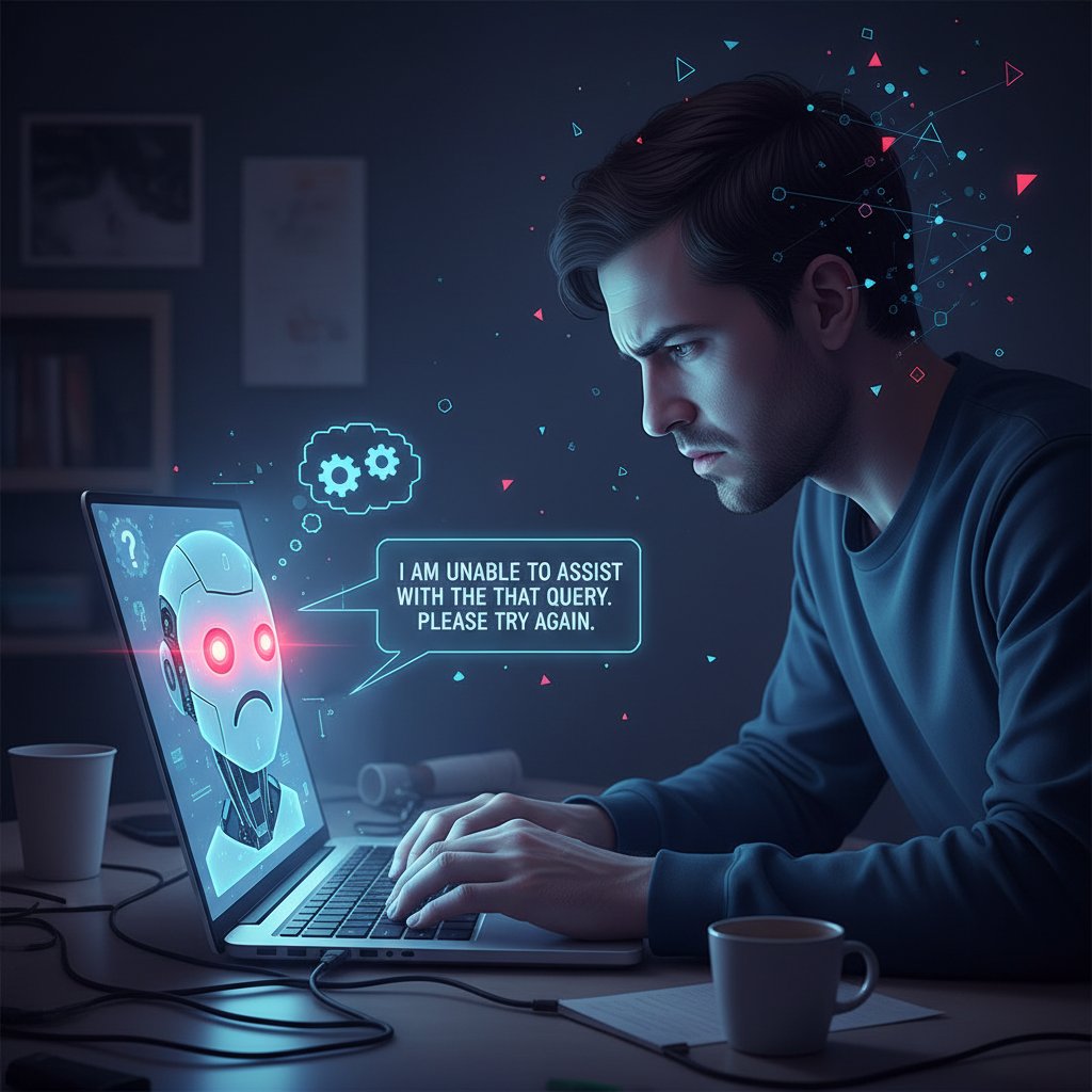 Znudzony użytkownik przy laptopie, rozmawiający z nijakim chatbotem – ilustracja frustracji cyfrowych rozmów