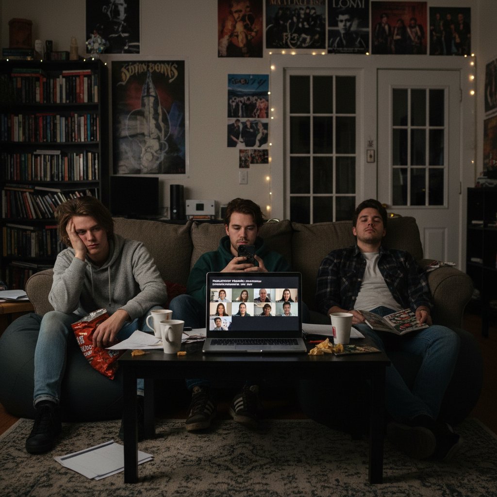 Grupa młodych ludzi znudzonych podczas webinaru filozoficznego, brak interakcji