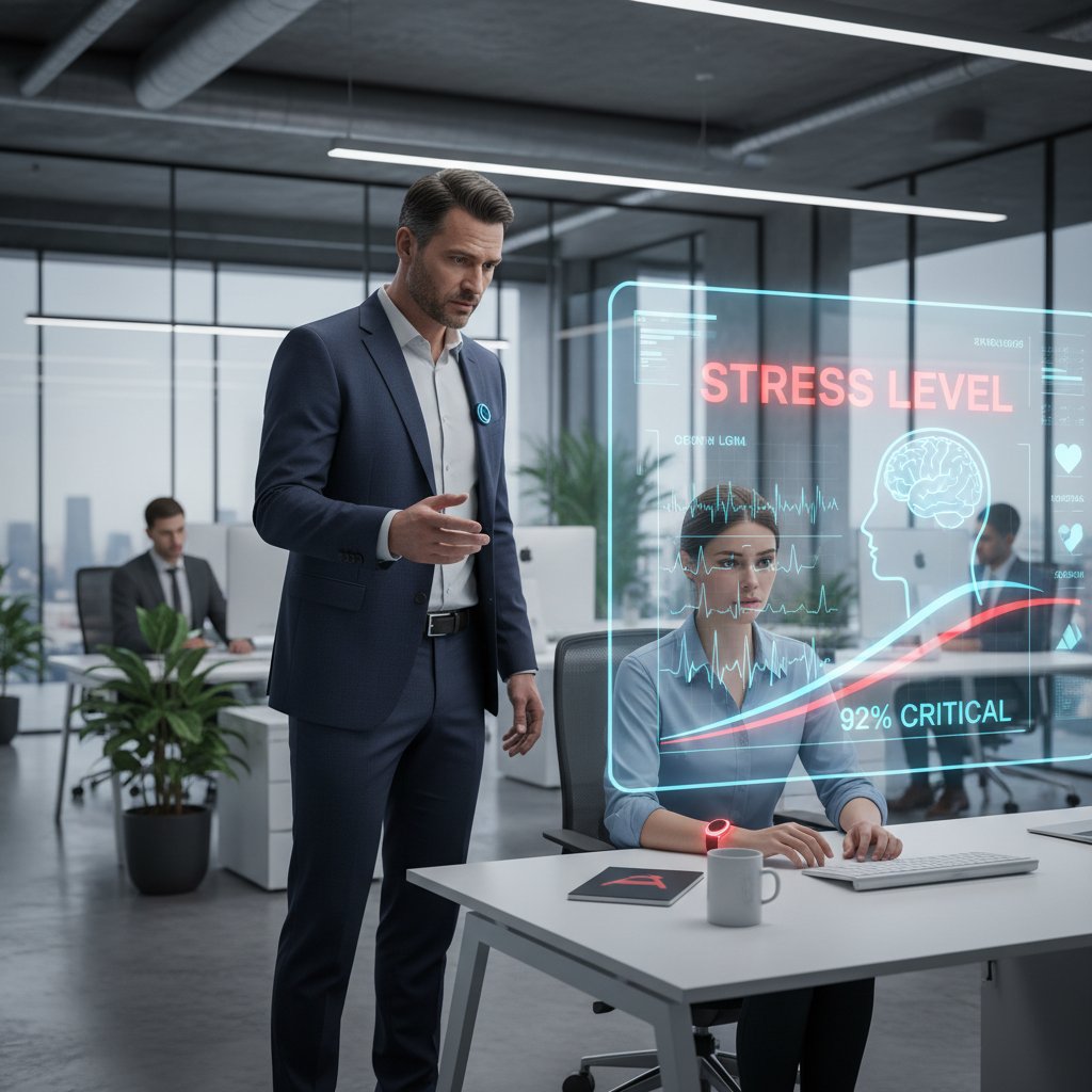Szef rozmawiający z pracownikiem o wynikach pomiaru stresu w biurze