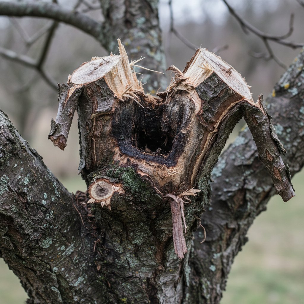 Złe cięcie na drzewie owocowym – nieprawidłowo odcięta gałąź, widoczne rany