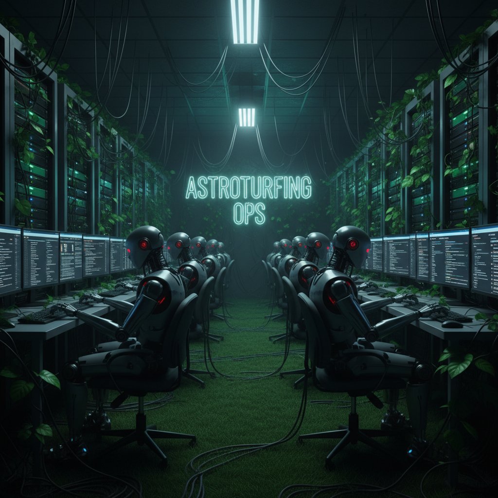 Mroczne zdjęcie komputerowego ekranu z botami, astroturfing w społeczeństwie obywatelskim online