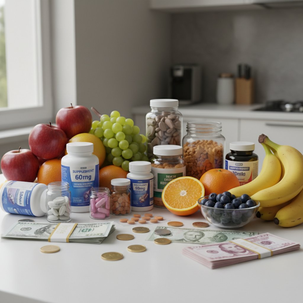 Kompozycja butelek z suplementami, świeżych owoców i banknotów na białym stole – marketing oczyszczania organizmu