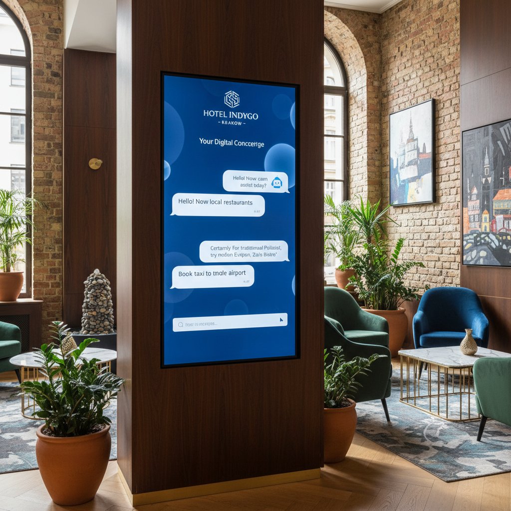 Lobby butikowego hotelu w Krakowie z ekranem chatbotu