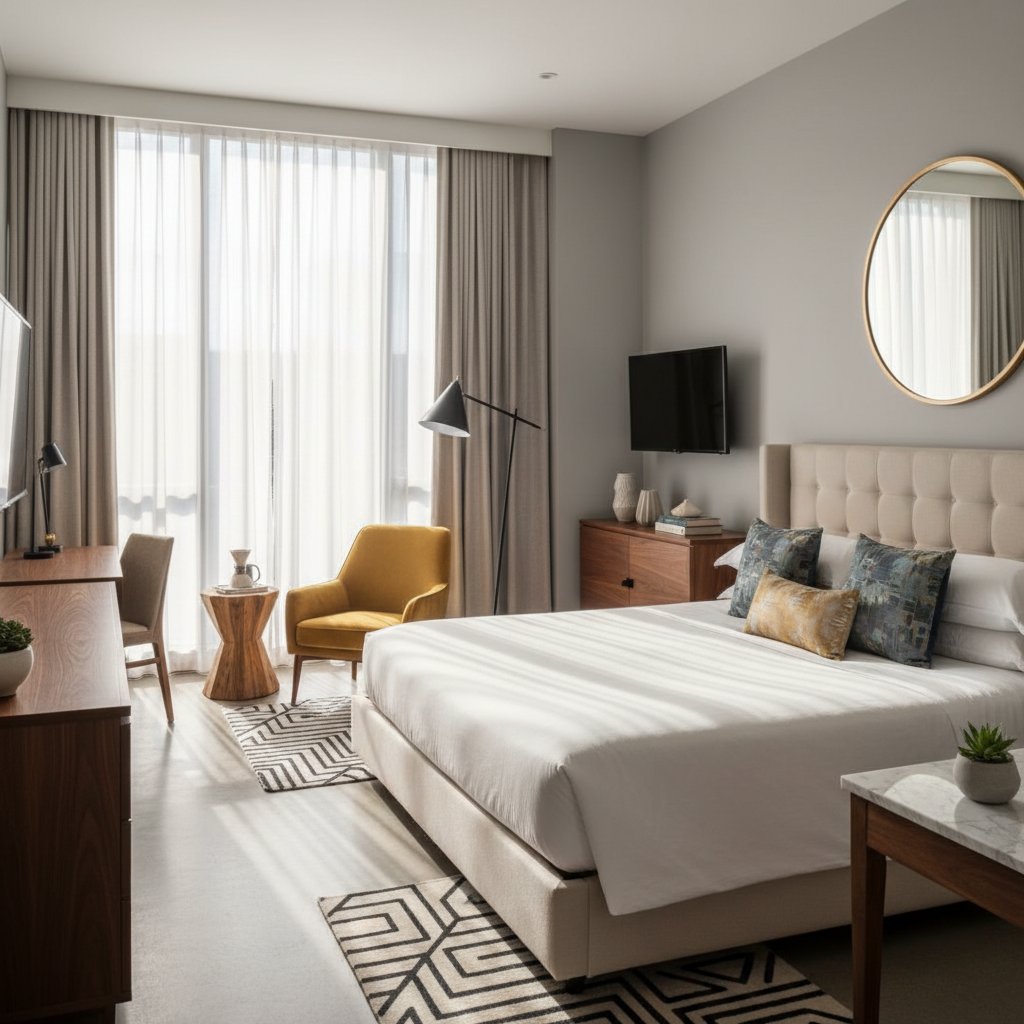 Przytulny pokój w butikowym hotelu w Sianożętach, hotel sianożęty, butikowy pokój, nowoczesny wystrój, promienie słońca