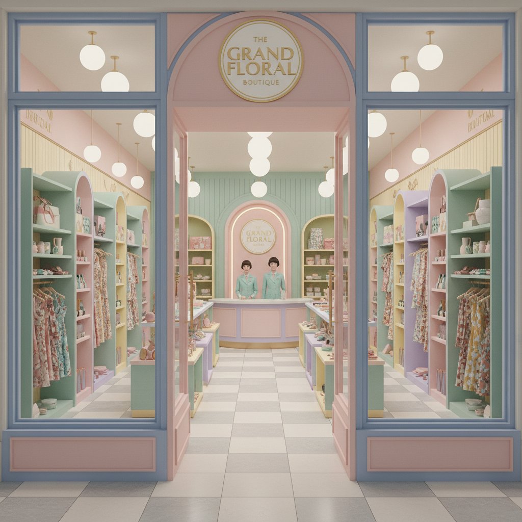 Boutique shop with pastel decor, vintage mannequins, and symmetrical layout inspired by Wes Anderson