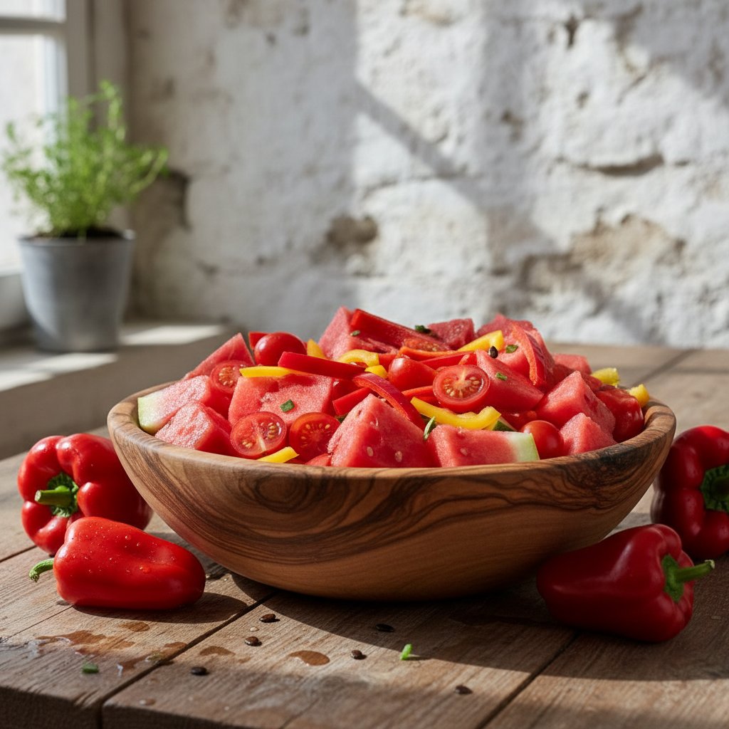Miska z pokrojonymi pomidorami, arbuzem i czerwoną papryką na drewnianym stole – naturalne źródła likopenu w polskiej diecie