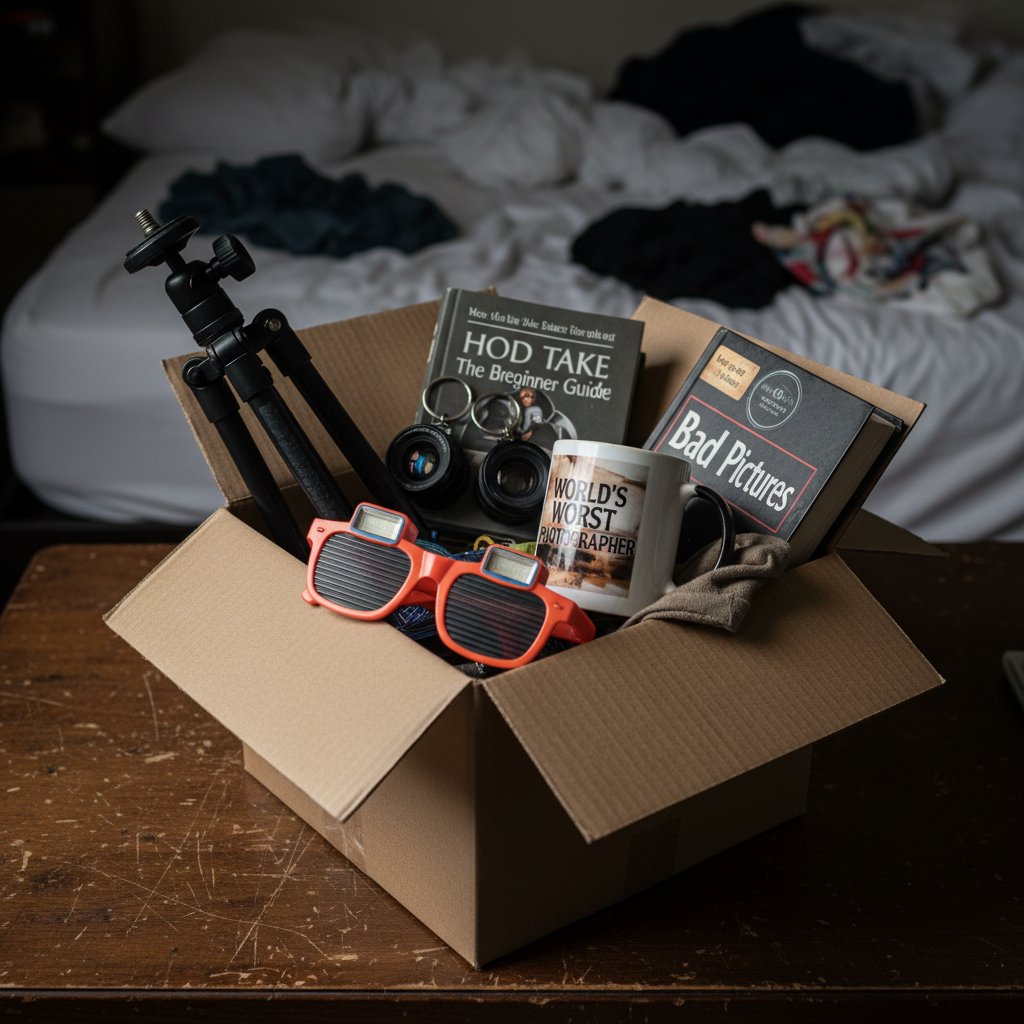 Pudełko pełne nietrafionych fotograficznych gadżetów, statyw i breloczki