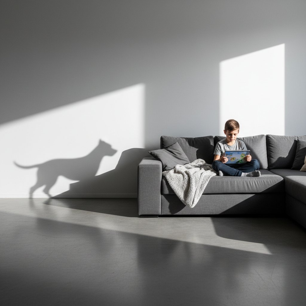 Chłopiec siedzący na sofie z tabletem, obok niego puste miejsce, w tle symboliczny cień psa