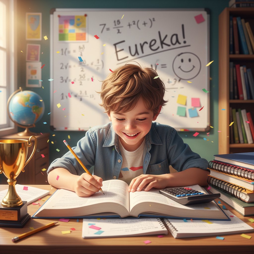 Junger Schüler löst begeistert Matheaufgaben mit Hilfe einer verständlichen Erklärung