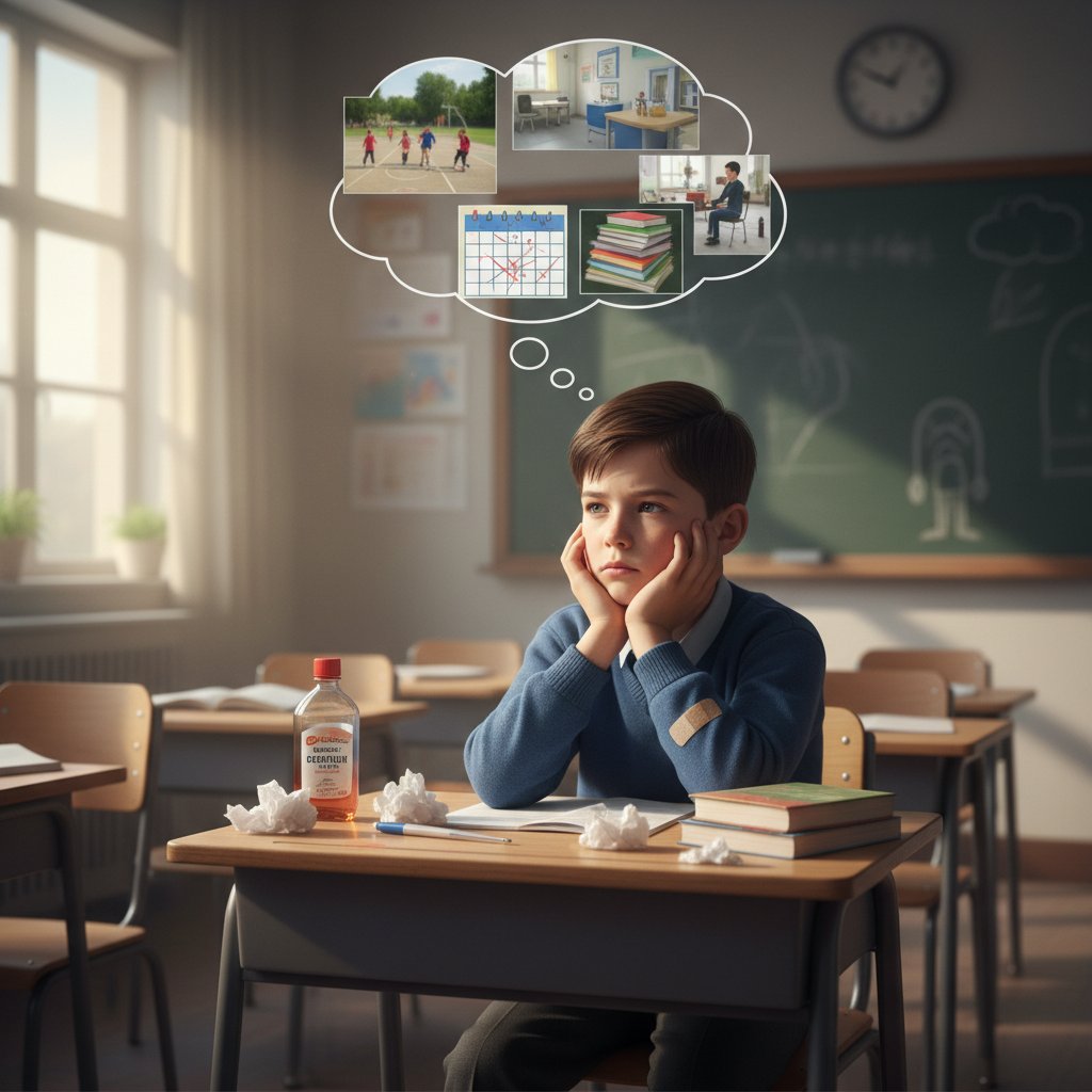 Chłopiec siedzi samotnie w szkolnej ławce, zamyślony – obraz skutków zaniedbań zdrowia