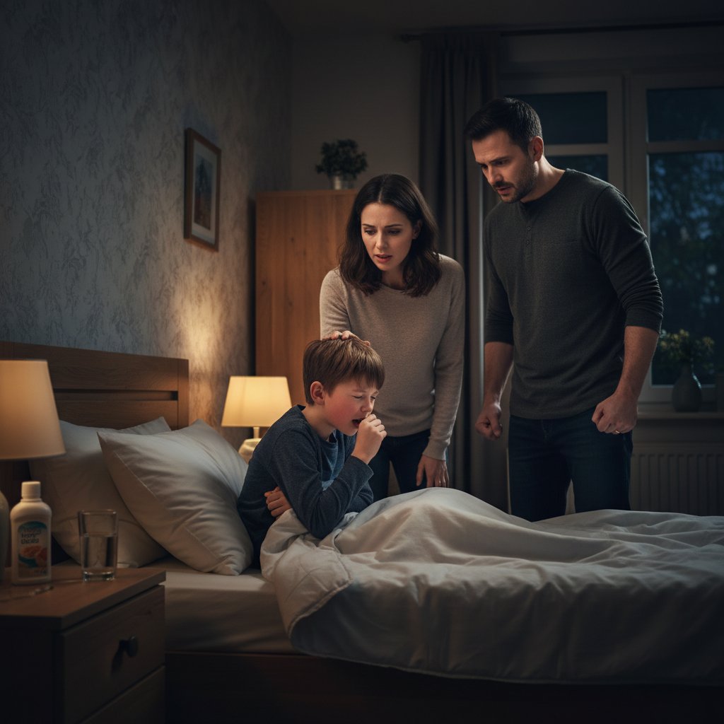 Chłopiec kaszlący w nocy, zatroskani rodzice, zdjęcie domowe, atmosfera niepokoju