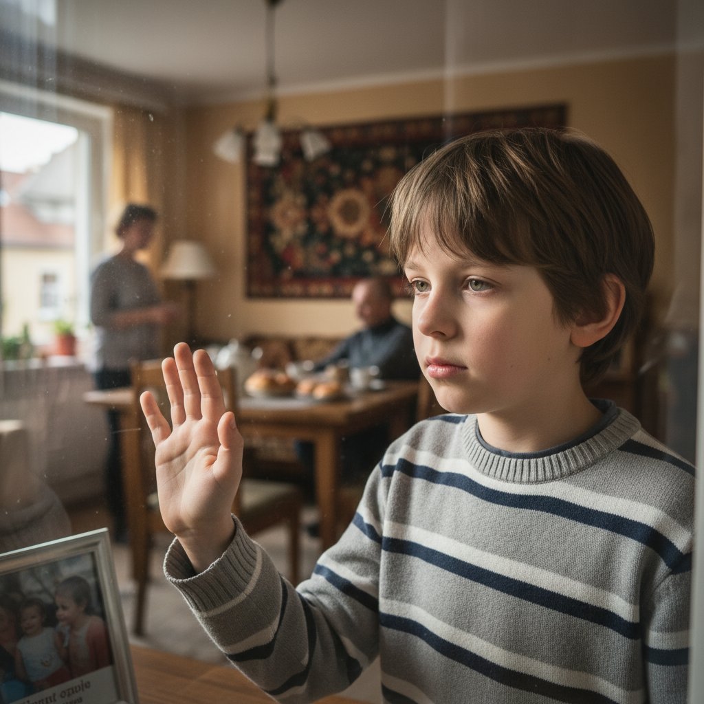 Chłopiec patrzący przez okno, zamyślony, objawy autyzmu dziecięcego – codzienność rodziny