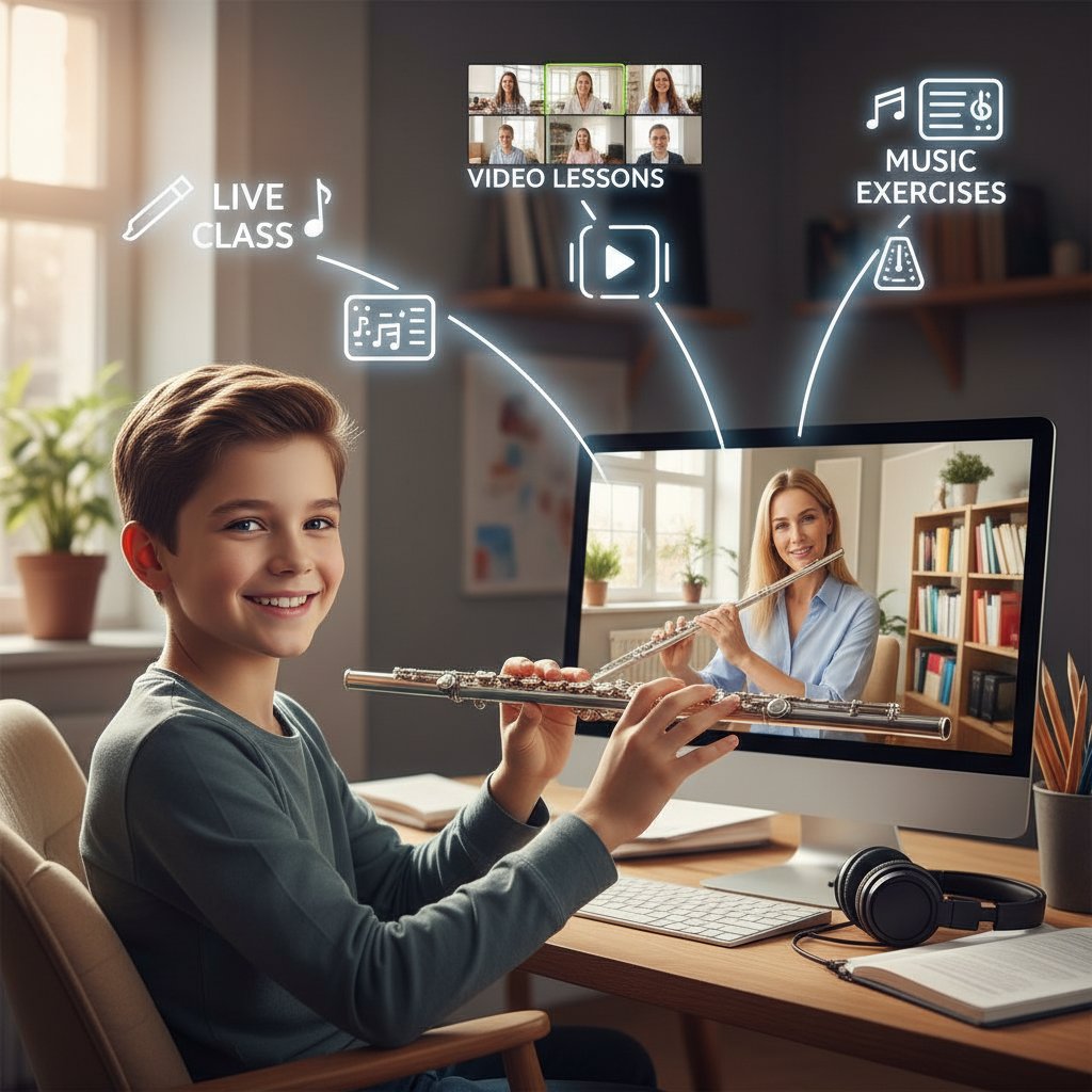 Młody chłopak, dorosła kobieta i doświadczony nauczyciel flecista grający online, trzy drogi nauki fletu przez internet