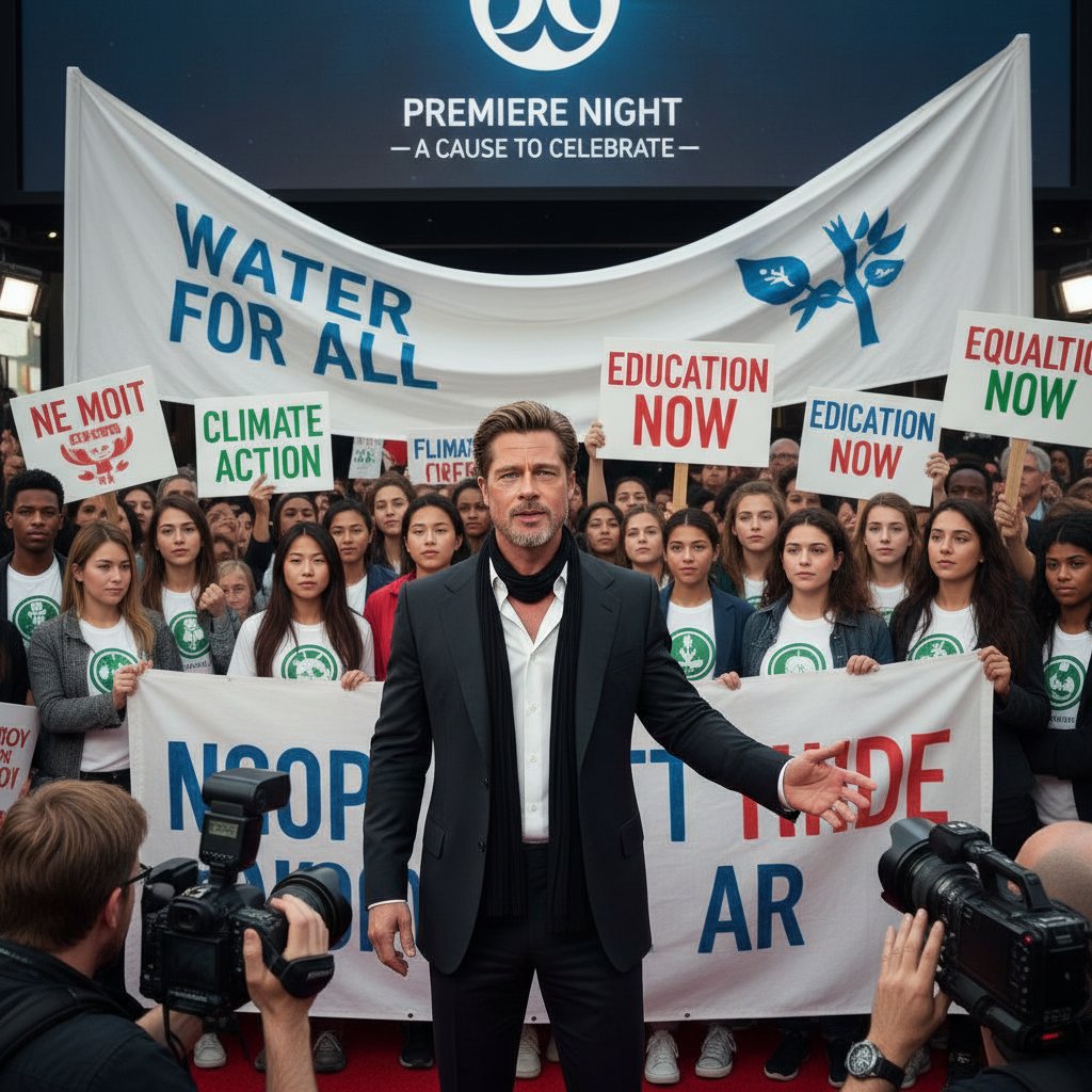 Brad Pitt supporting social causes through film, at a premiere with activists, AI image