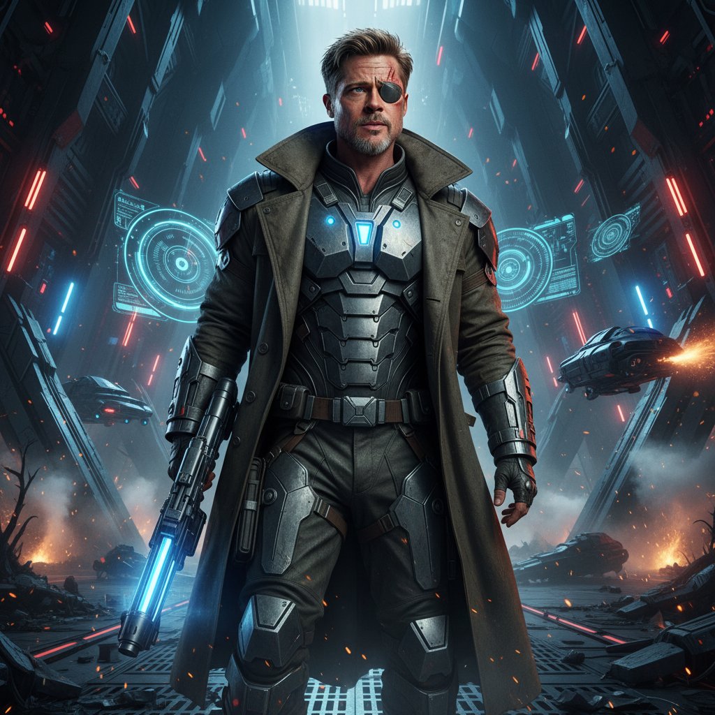 Brad Pitt in a visionary future role, futuristic cinematic AI image, sci-fi set
