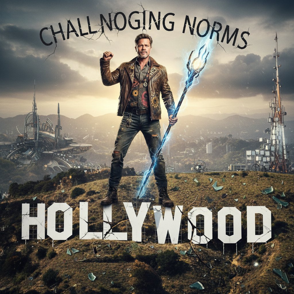 Brad Pitt challenging Hollywood norms, symbolic cracked Hollywood sign, Pitt in foreground