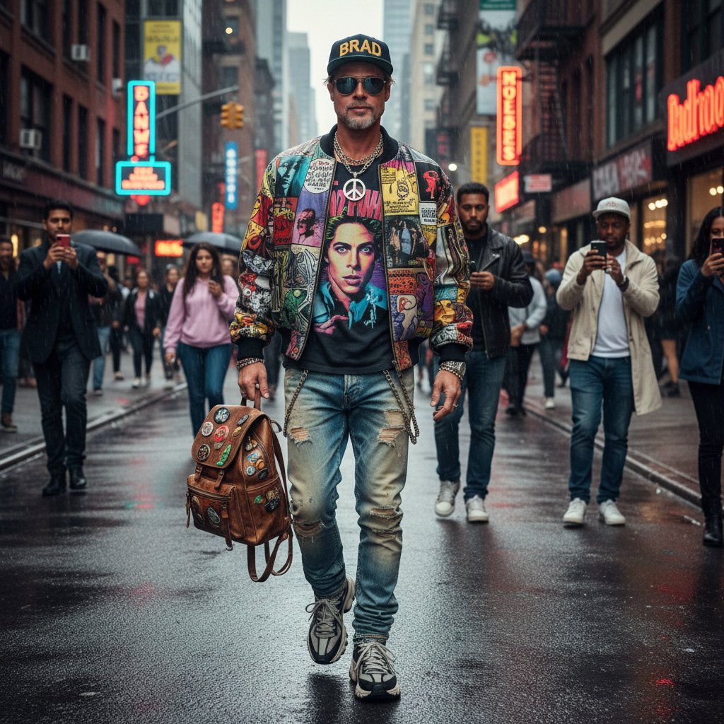 Brad Pitt inspiring pop culture and fashion, stylized AI rendering in cult-classic wardrobe, urban setting