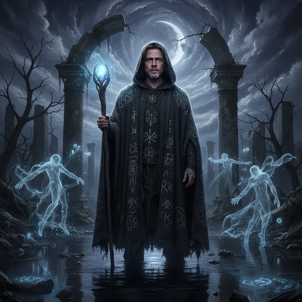 Brad Pitt in an unconventional film role, moody, symbolic AI image, high-risk performance