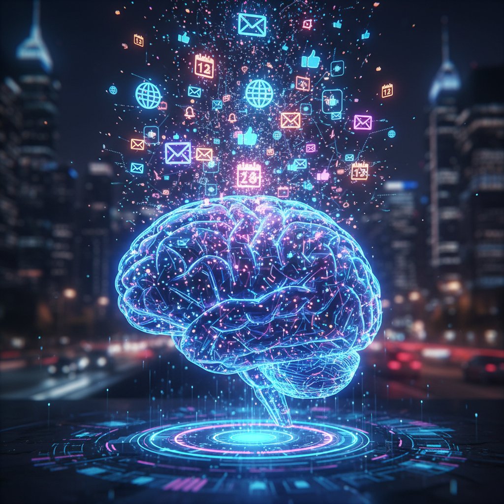 Gehirn mit digitalen Symbolen – Stress durch ständige Reize und Benachrichtigungen