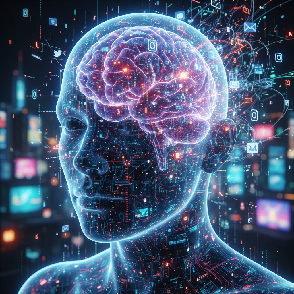 Zdjęcie mózgu w trakcie pracy z wieloma bodźcami cyfrowymi, wyraźny kontrast