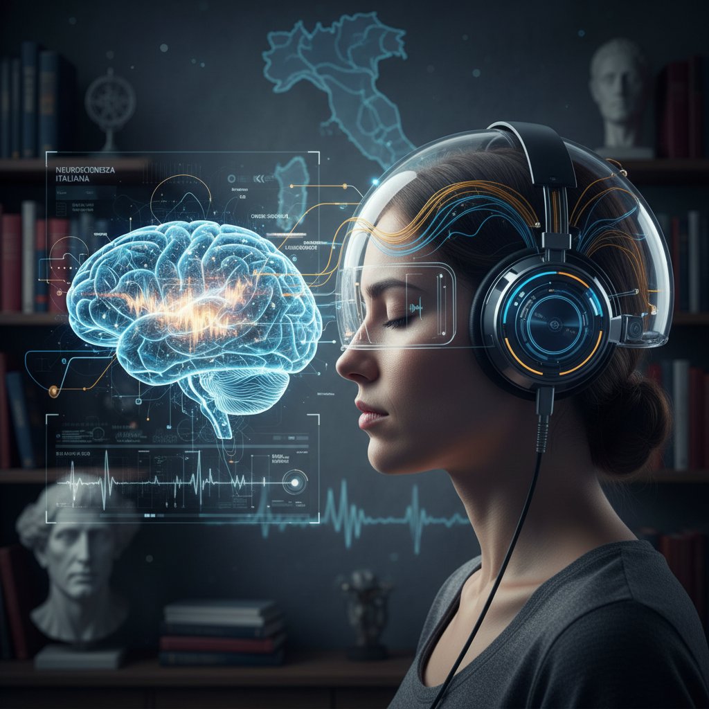 Zbliżenie na mózg osoby w słuchawkach podczas słuchania włoskiego audio