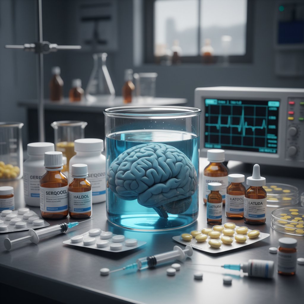 Kolorowe zdjęcie mózgu na stole laboratoryjnym, obok ampułki i tabletek neuroleptyków