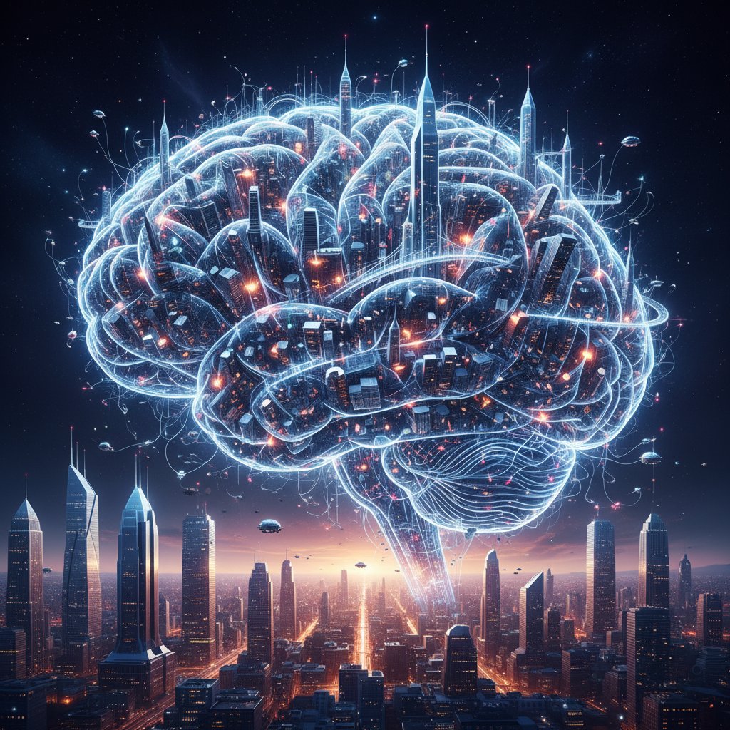 Artystyczna wizja połączenia ścieżek nerwowych i miejskiego pejzażu jako metafora depersonalizacji