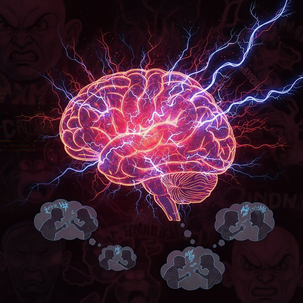 Artistic illustration of human brain with neural pathways lighting up during stress, argument fight response
