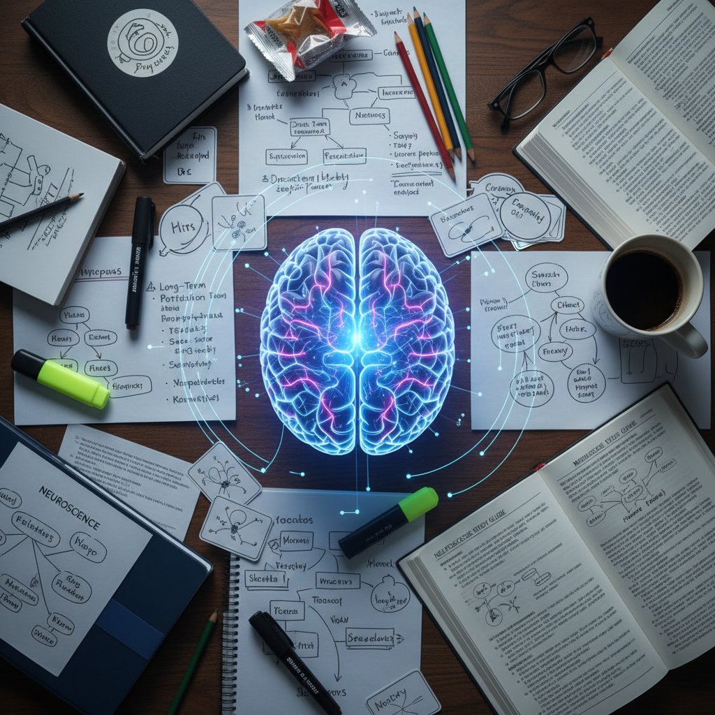 Mózg oraz notatki na stole – wizualizacja pracy pamięci podczas nauki