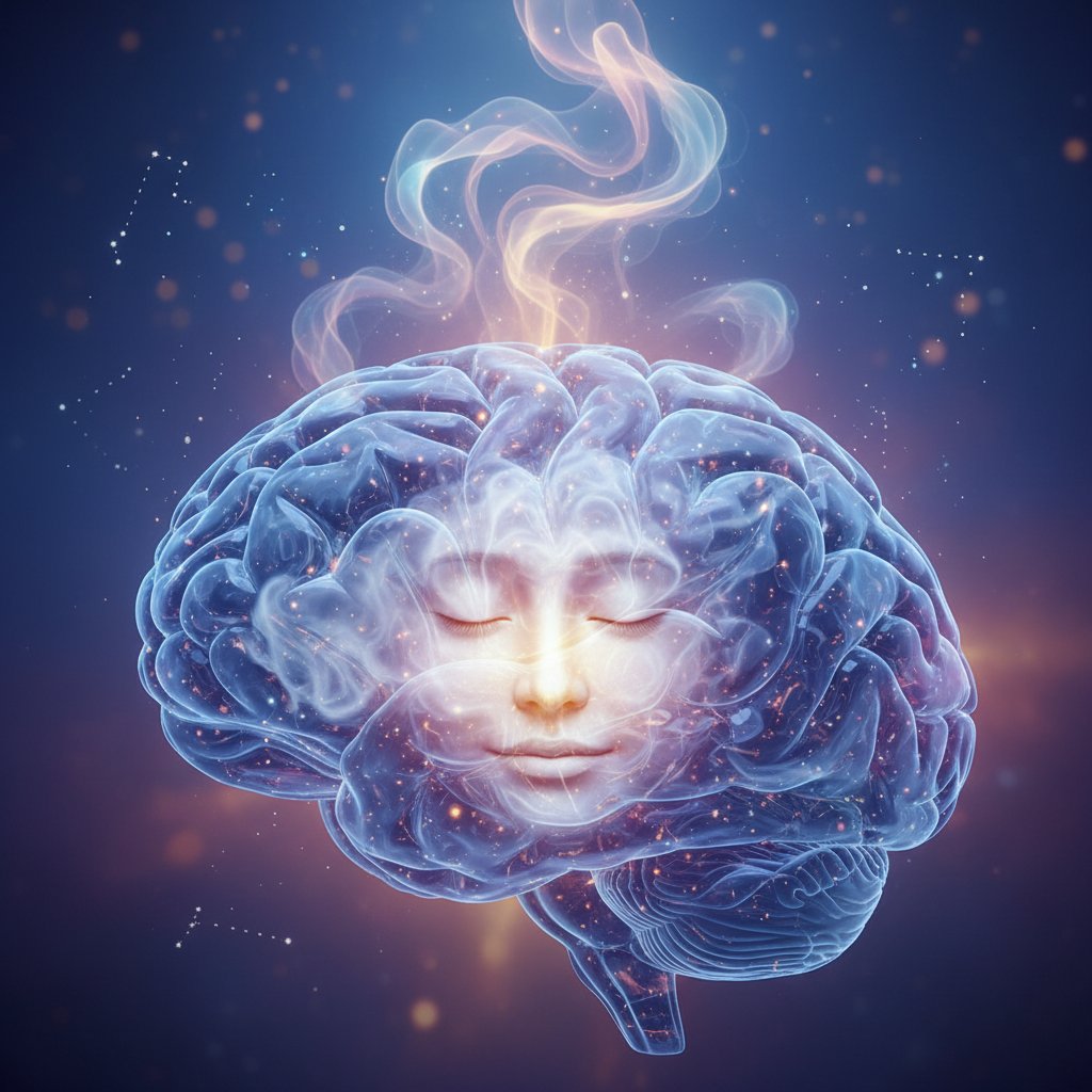 Fotografia mózgu podczas snu, z delikatnym światłem i zamyślonym wyrazem twarzy – kluczowe: sen, mózg, regeneracja