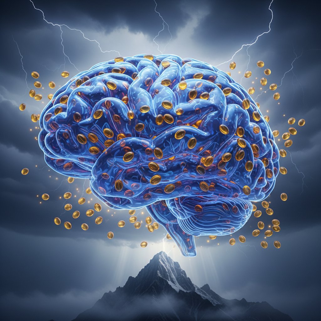Artystyczna wizja: ludzki mózg na tle burzowego nieba, kapsułki omega 3